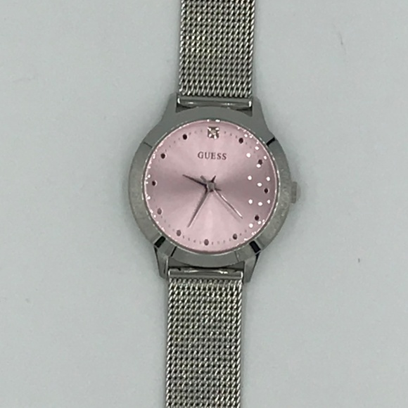 NWOT Guess Women’s Silver Tone, Pink Face Watch With Mesh Wristband - Picture 3 of 9